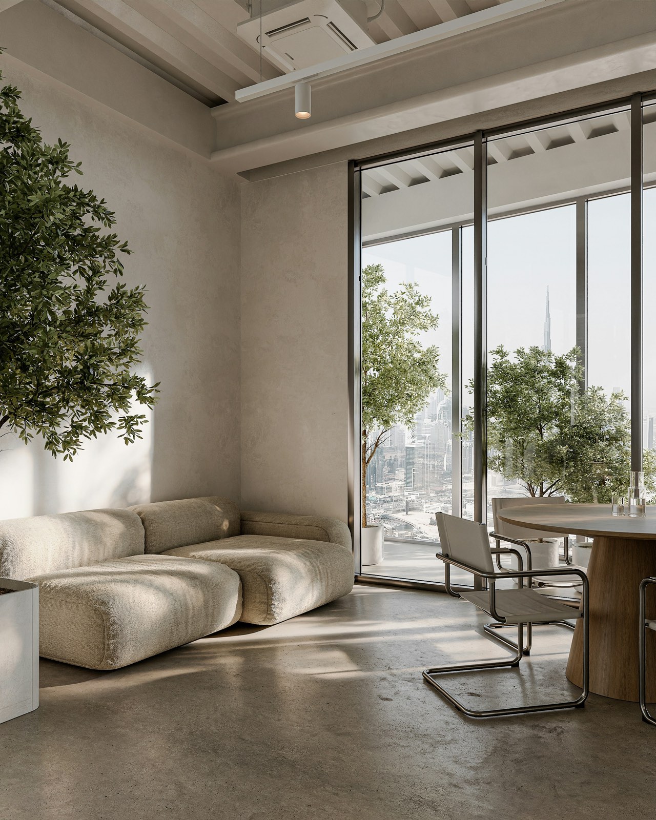 Sunlit modern office lounge with a city view