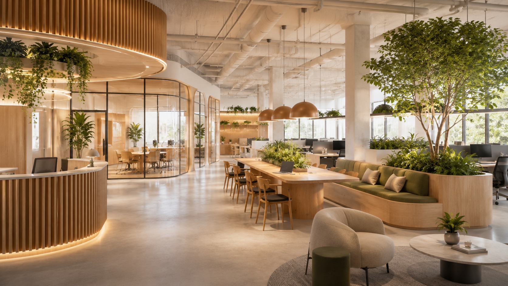 Bright, plant-filled modern office with a curved slatted-wood reception and a glass-walled meeting room